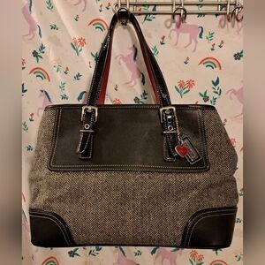 EUC Vintage Y2K Coach 48 Black Leather & Wool Herringbone Shoulder Purse Bag